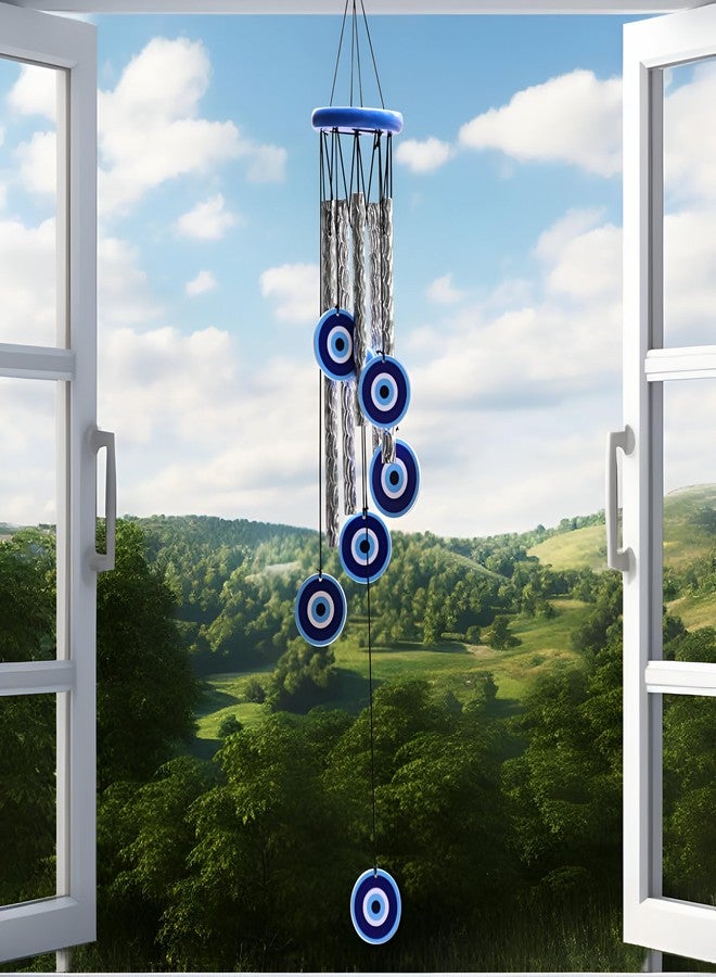 sculpmart Evil Eye Wind Chimes for Balcony & Positive Energy - 5 Metal Pipes with Nylon Thread & 6 Wooden Evil Eyes with Melody Sound for Relaxation and Calmness - Image 2